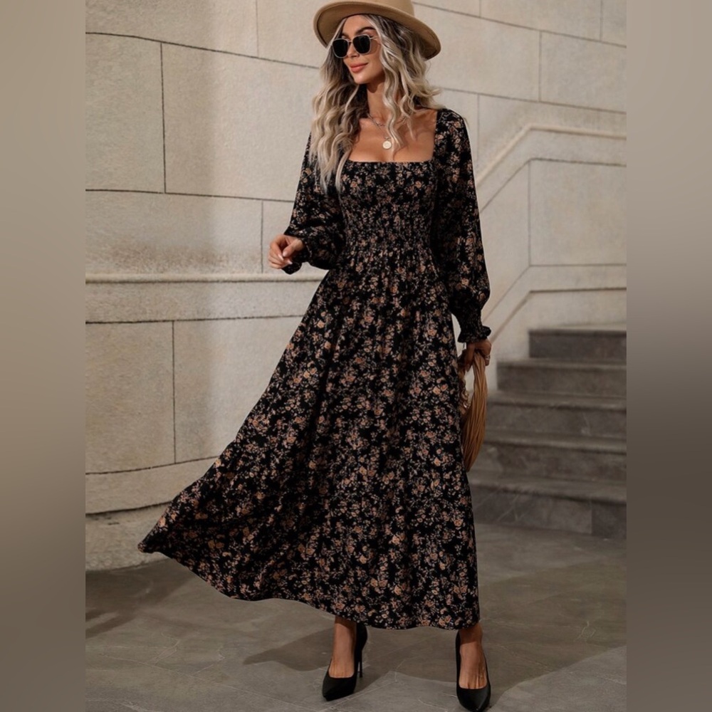 Floral Square-Neck Maxi Dress in Black and Peach